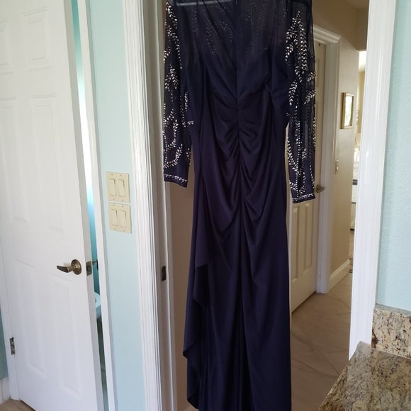 Betsy & Adam Navy and Silver Embellished Gown - Picture 3 of 4